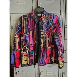 Chico's multicolor snap front jacket size 1 bright colorful embroidery jacket